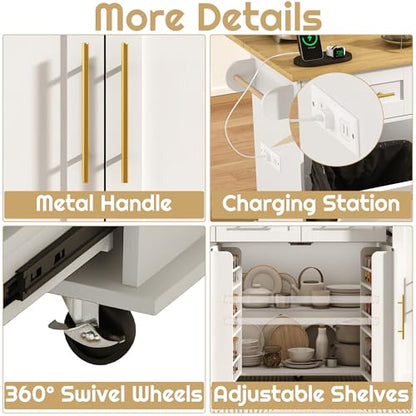 St.Mandyu 69" Large Kitchen Island on Wheels, Kitchen Rolling Island Cart with Trash Storage Cabinet, Power Outlet, 3-Tier Pull-Out Storage Trays, Drop Leaf, Mobile Island Table for Kitchen, White - color: White