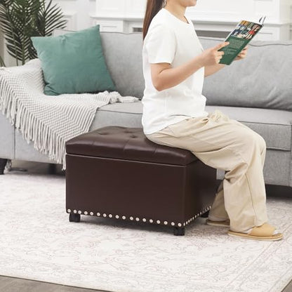 Leather Storage Ottoman with 360° Caster Wheels 24" Foot Rest Bench Rectangle Ottomans Stool for Living Room Bedroom (Brown, Wheels) - color: Brown With Casters