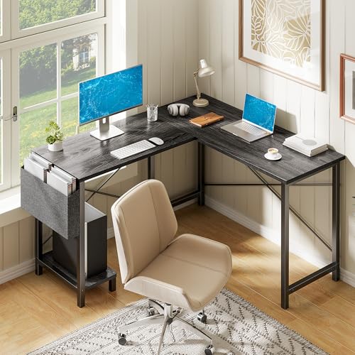 Alpen Gaming Desk, Home Office L Shaped Desk, Small Computer Corner PC Table with Side Bag and Reversible Shelf, Sturdy Writing Workstation for Bedroom, Living Room, Grey - color: Grey