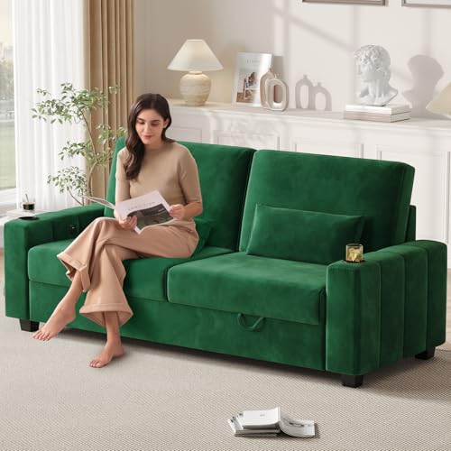 COPIAE Loveseat Sofa, Larger Couch Velvet Fabric with Storage, Charging Ports, Heightened Backrests, Removable Cover Modern Comfy Couches Easy Assembly for Living Room, 88 Inch Green - color: Green