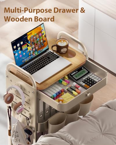 ALVOROG 3 Tier Metal Rolling Cart with Drawer,Wood Top,Pegboards,Khaki | Storage Utility Cart with Drawers,Pegboards,Lockable Wheels,Baskets,Hooks for Kitchen,Office,Bedroom,DIY Supplies - color: Khaki
