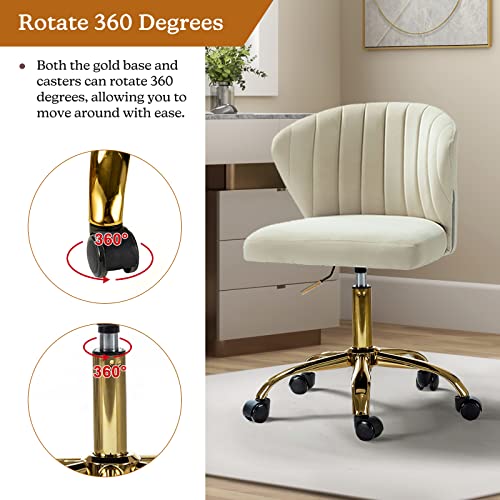 TINA'S HOME Office Desk Chairs with Wheels & Gold Base, Modern Velvet Cute Armless Office Chair, Adjustable Low Back Swivel Rolling Chair, Upholstered Task Chair for Living Room Vanity Study-TAN | Modern Velvet Cute Armless Office Chair, Adjustable Low Ba