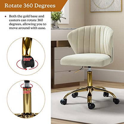 TINA'S HOME Office Desk Chairs with Wheels & Gold Base, Modern Velvet Cute Armless Office Chair, Adjustable Low Back Swivel Rolling Chair, Upholstered Task Chair for Living Room Vanity Study-TAN | Modern Velvet Cute Armless Office Chair, Adjustable Low Ba