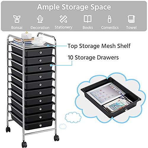 Yaheetech 10-Drawer Rolling Storage Cart with Wheels, Slim Organizer, Black | Ten see-through drawers plus a top shelf organize craft, office, and art gear; slim steel frame, locking wheels, easy setup. - color: Black, style: 10 Drawers