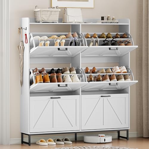 Shoe Cabinet Storage for Entryway, Shoe Storage Cabinet with 6 Flip Drawers, Freestanding Narrow Shoe Rack Organizer with Metal Legs, Adjustable Shelves & Open Storage for Foyer, Hallway, White - color: White, style: 6 Drawers