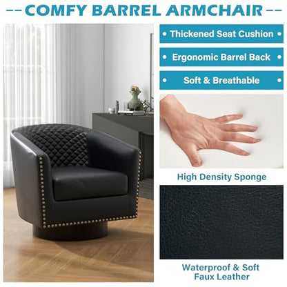 Faux Leather Swivel Accent Chair, Modern Barrel Club Armchair, Black | Comfy Living Room Chair, Modern Nailhead Trim Round Armchair Bedroom Reading Seat with Removable Cushion, Wood Frame - color: Retro Black