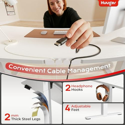 Huuger 전원 콘센트 및 USB-C 포트가 있는 전기 스탠딩 데스크, 139.9 x 61cm(55 x 24인치) 높이 조절 가능한 책상, 홈 오피스, 컴퓨터 및 게이밍 책상용 앉은 스탠드 데스크, 4개의 프리셋, 안정적인 스틸 프레임, 화이트 - color: 화이트., size: 55.1 x 23.6 inch