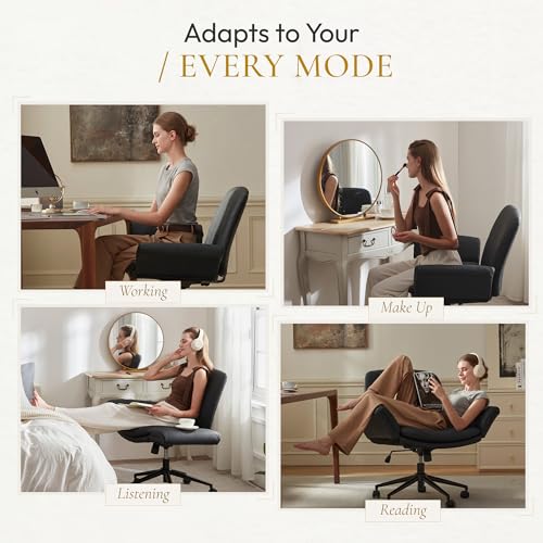Dowinx Criss Cross Chair with Five-Level Adjustable Arms and Wheels - Comfortable Ergonomic PU Leather Swivel Vanity Chair - Computer Makeup Gaming Chair for Home Office, Bedroom, Living Room (Black) - color: All Black