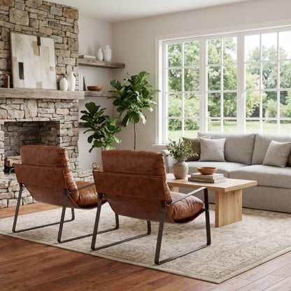 Set of 2 Accent Chairs, PU Leather Living Room Chair, Brown | Comfy Armchairs, Upholstered Lounge Armchair, Removable Seat Cushion, Bronze Metal Frame, For Reading Room, Bedroom, Balcony - color: Brown-bronze Legs, size: 2PCS