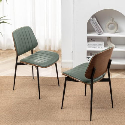 LUNLING Dining Chairs Set of 4 Mid Century Modern Retro Faux Leather Chair with Walnut Bentwood Upholstered Seat Metal Legs Chairs,Adjustable Foot for Kitchen Dining Room Chairs(Green) - color: Green, size: Set of 4