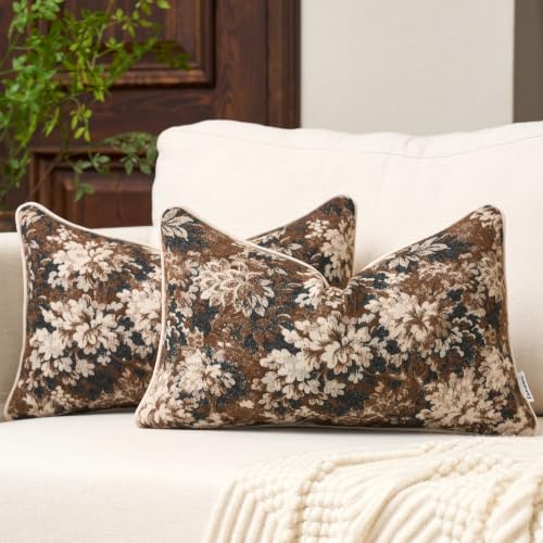 Fanami Vintage Floral Lumbar Throw Pillow Covers 12x20 Set of 2 Boho Farmhouse Accent Pillowcase Neutral Modern Chenille Rectangle Decorative Cushion Covers for Couch Bed Living Room Home Decor, Brown - color: Brown, size: 20" x 12" (Pack of 2)