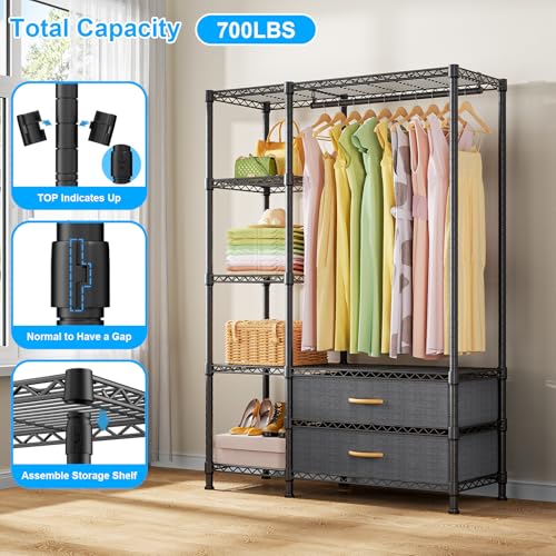 F3 Heavy Duty Clothes Rack（With Fabric Drawers）Freestanding Clothing Racks for Hanging Clothes，Adjustable Closet Organizer System，Portable Garment Rack 40" W x 15" D x 72" H，Max Load 700LBS，Black - color: Black, style: Freestanding