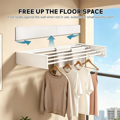 Wall Mounted Clothes Drying Rack 31.5" Wide，Foldable Wall Mount Laundry Rack with 5 Aluminum Rods,Retractable and Foldable Space-Saving Wall Mounted Clothes Drying Rack White