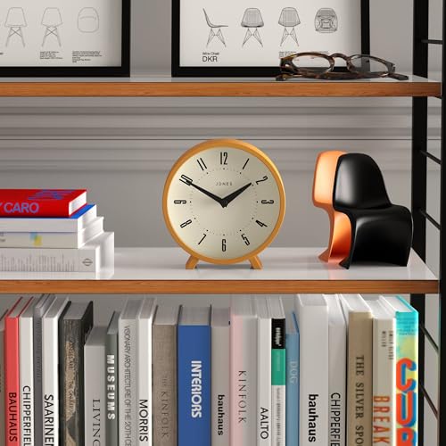 JONES CLOCKS® Venus Desk Clock | Modern Round Design | Mustard Yellow | Stylish Retro Look for Shelf, Table, Mantel or Bedside - color: Mustard Yellow