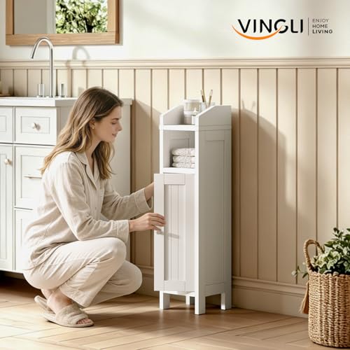 VINGLI Small Storage Corner Floor Cabinet, 7.9" Narrow Toilet Paper Storage Holder with Fluted Door, Skinny Freestanding Organizer for Small Spaces, Slim Bathroom Storage Cabinet, White - color: White Ⅰ, size: 1-Door