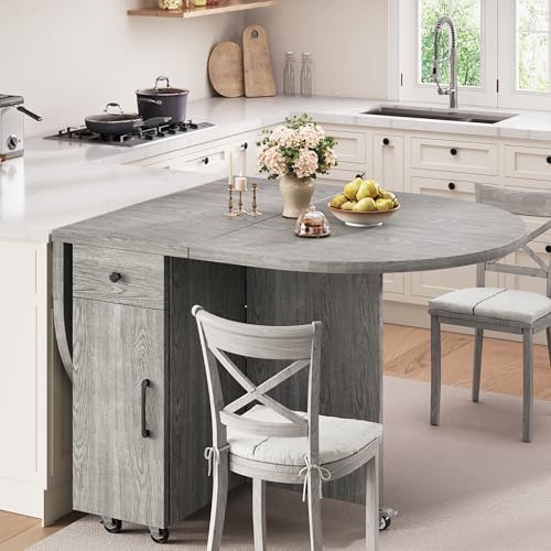 Jocoevol Round Folding Dining Table for 6, Space Saving Drop Leaf Kitchen Table with Storage Drawer, 6 Wheels Oval Gateleg Foldable Dining Table for Small Spaces (Grey, 51" x 31.5" x 30") - color: Grey
