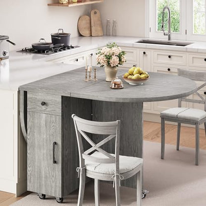 Jocoevol Round Folding Dining Table for 6, Space Saving Drop Leaf Kitchen Table with Storage Drawer, 6 Wheels Oval Gateleg Foldable Dining Table for Small Spaces (Grey, 51" x 31.5" x 30") - color: Grey