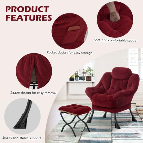 Lazy Chair with Folding Ottoman,Leisure Sofa Chair,Soft Fabric Armchair with Armrests and Side Pockets, Reading Chair with Footrest for Living Room, Bedroom, Office (Plush Red) - color: Plush Red