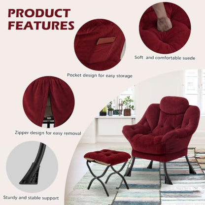 Lazy Chair with Folding Ottoman,Leisure Sofa Chair,Soft Fabric Armchair with Armrests and Side Pockets, Reading Chair with Footrest for Living Room, Bedroom, Office (Plush Red) - color: Plush Red