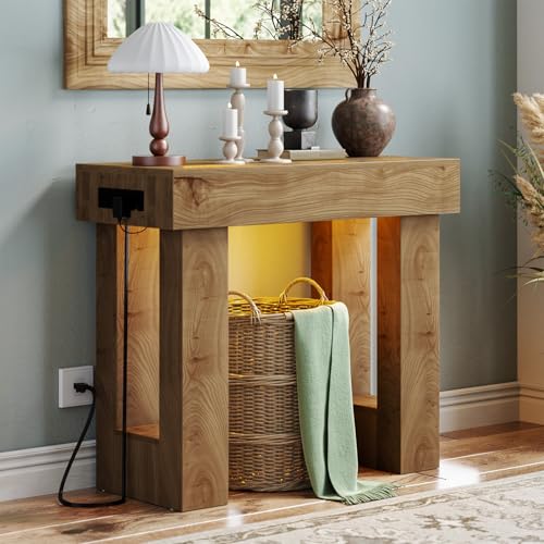 Unikito 39" Entry Table with Sensor Light and Power Outlets, Natural Oak | Narrow Foyer Table with Open Storage, Wooden Console Table, Versatile Modern Entryway Tables for Entrance/Hallway/Living Room - color: Natural Oak, size: 39IN