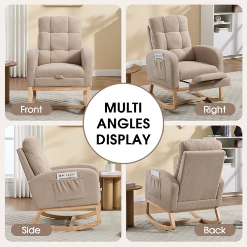 Rocking Chair Nursing, Rocker Chair with Footrest (Brown) | Teddy Boucle Upholstered Accent Reading Chair with High Back & Side Pocket for Living Room Bedroom Nursery Office - color: Brown
