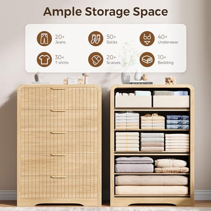 Jocoevol Fluted 5 Drawer Dresser, 43" Tall Dresser Chest of Drawers Curved Profile Design, Wood Mid Century Vertical Dresser Natural Texture for Bedroom, Natural Oak Dresser