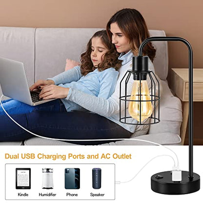 BTY Bedside Lamps Set of 2 Industrial Table Lamp with Dual USB Charging Ports and 2 Prong AC Outlet Farmhouse Nightstand Desk Lamps Edison Lamp with Metal Wire Cage for Bedroom Living Room - size: CAGE 3