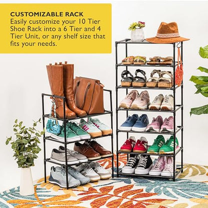 Sundaze Shoe Rack - 10 Tier Tall Shoe Rack for Closet, Sturdy Stackable Shoe Organizer for Closet, Bedroom, Entryway, Garage, Non Woven Fabric Shelf, Black, Holds 20-30 Pairs - size: 10 Tier (18.3" W)