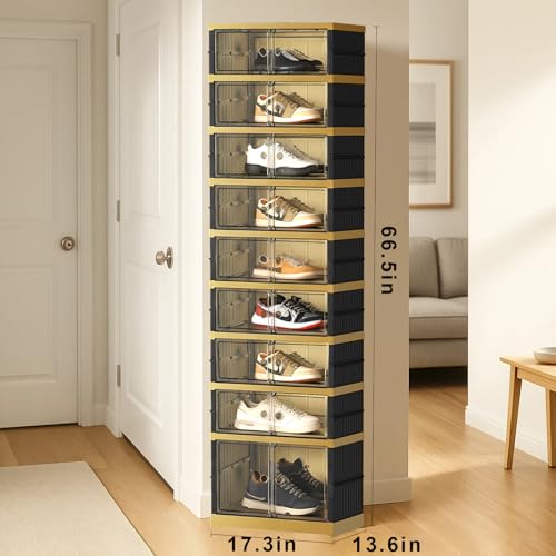 SYNCVIBE Foldable Shoe Rack, 9-Tier, 18 Pairs, 17.3" Wide, Black Gold | Foldable Shoe Organizer, Collapsible Shoe Cabinet with Doors, Stackable Shoe Shelves for Closet, Entryway and Living Room - size: 9 Tiers -18 Pairs Black Gold
