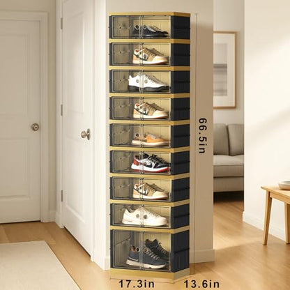 SYNCVIBE Foldable Shoe Rack, 9-Tier, 18 Pairs, 17.3" Wide, Black Gold | Foldable Shoe Organizer, Collapsible Shoe Cabinet with Doors, Stackable Shoe Shelves for Closet, Entryway and Living Room - size: 9 Tiers -18 Pairs Black Gold
