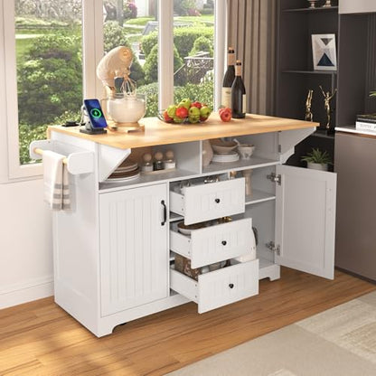 55.7'' Large Kitchen Island with 2 Drop Leaf, Rolling Kitchen Cart on 5 Wheels with Power Outlet, Folding Storage Dining Table with Spice & Towel Rack, 3 Drawers, for Kitchen, Dining Room, White - style: White