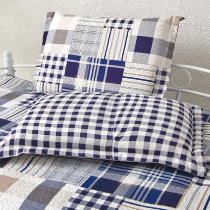 Jarson 3 Pcs Plaid Daybed Cover Set Twin Size Navy White Brown Sofa Cover Double Side Bed Set Classic Patchwork Bedding Sets Daybed Quilt Set with Pillow Shams - color: Navy White Brown