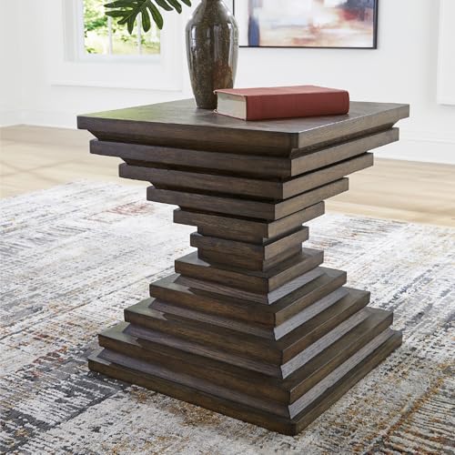 Signature Design by Ashley Hannodream Square End Table, Warm Brown | Fully assembled contemporary base, Solid hardwood, rustic oak veneer and MDF substrates, 22-inch square top for living room - color: Warm Brown