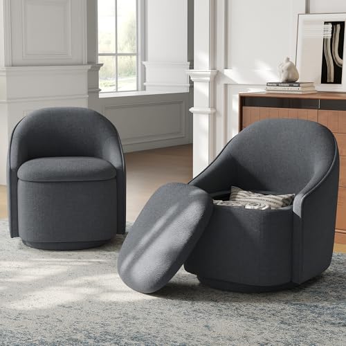 LINSY Swivel Accent Chair Set of 2, Comfy Chenille Barrel Chairs with Storage 360 Swivel Modern Armchair for Living Room Bedroom, Small Boucle Reading Chair for Study Room (Grey) - color: Grey (Set of 2)