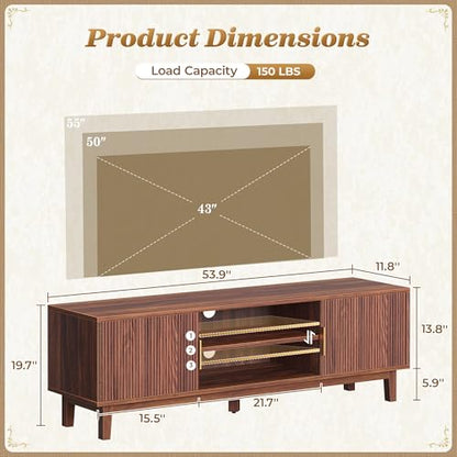 54 Inch Fluted TV Stand for TVs Up to 55, 60 Inch, Mid Century Modern Entertainment Center with Storage, TV Console with Adjustable Shelves, Midea Console for Living Room Bedroom, Brown - color: Walnut