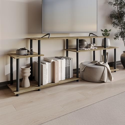Simple 3-Tier TV Stand with Open Storage Shelves, for TVs up to 50", Natural Oak - color: Natural Oak