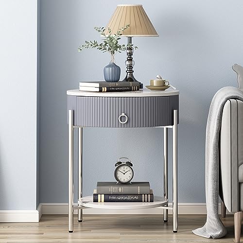 OIOG Nightstand with Drawer and Shelf, Marbling Natural Stone/Silver | Round Modern Side Table, Storage, Shelf, Chrome Finish Metal Legs, 2 Tier End Table, For Living Room, Bedroom, Office - color: Silver