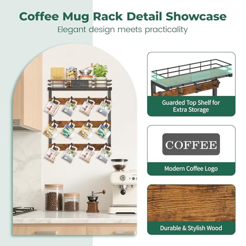 EsLuker.ly Coffee Mug Holder Cup Hanger Wall Mounted Display Rack | Metal Organizer with 12 Movable Plastic Hooks, Wood Rustic Shelf for Coffee Bar Home Kitchen, Thoughtful Wall Storage - style: 12 Movable Hooks Brown Style