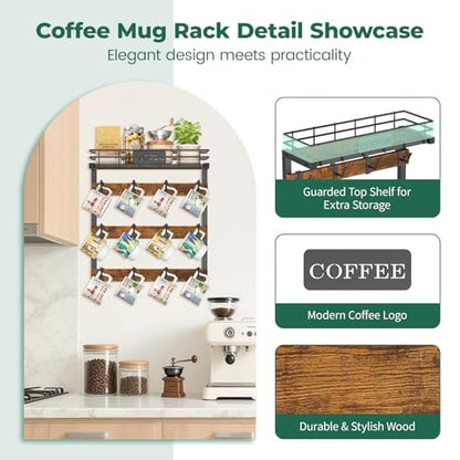 EsLuker.ly Coffee Mug Holder Cup Hanger Wall Mounted Display Rack | Metal Organizer with 12 Movable Plastic Hooks, Wood Rustic Shelf for Coffee Bar Home Kitchen, Thoughtful Wall Storage - style: 12 Movable Hooks Brown Style