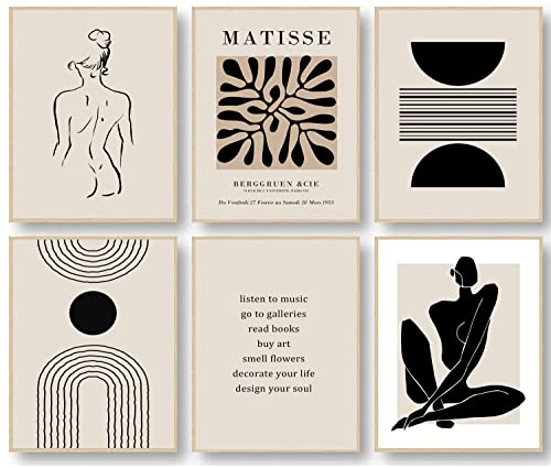 KBKBART Matisse Wall Art Prints, Abstract Matisse Wall Art Exhibition Posters, Black Beige Women Body Line Art Leaf Boho Art Prints, Living Room Wall Decor（8x10inch, Unframed | Canvas Prints Paintings Artwork, Black And White Neutral Abstract Boho Wall De