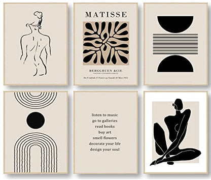 KBKBART Matisse Wall Art Prints, Abstract Matisse Wall Art Exhibition Posters, Black Beige Women Body Line Art Leaf Boho Art Prints, Living Room Wall Decor（8x10inch, Unframed | Canvas Prints Paintings Artwork, Black And White Neutral Abstract Boho Wall De