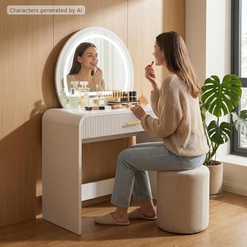 Makeup Vanity Desk with LED Touch Screen Lighted Mirror, Wooden Vanity Table with Drawer, Curved Edge Dressing Table with Removable Mirror for Bedroom (White) - color: White