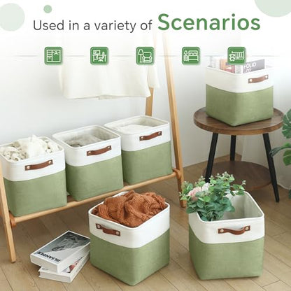 FinishingBo 11x11 Cube Storage Bins 6 Pack, Fabric Basket with Handles | Foldable Storage Cubes, PU Leather Handles,Closet Storage, White Green - color: White/ Green