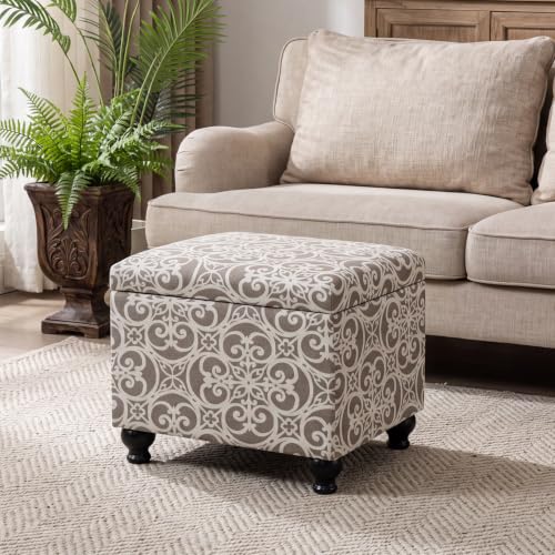 Adeco Storage Ottoman Damask Scrollwork 21" Linen Upholstered Foot Rest Stool with Hinged Lid, Heavy-Duty 360 lbs Support, Space-Saving Seat & Storage for Living Room, Bedroom, Entryway - color: Damask Scrollwork