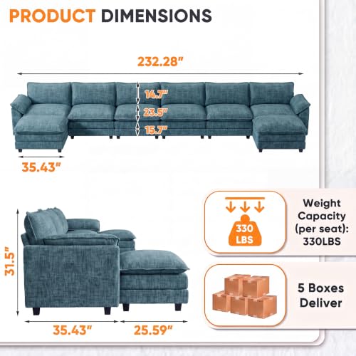 Homall 232" Oversized U Shaped Cloud Couch, Modular Sectional Sofa | 2 Movable Ottoman, Comfy Chenille, Double Layer Cushions, 6 Deep Seat, High-Density Foam, Easy Assembly, Dark Blue - color: Dark Blue, size: Oversized Sofa