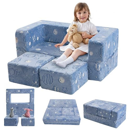 MeMoreCool Glow Modular Kids Couch, Blue Space | modular foam seating, removable washable cover, space glow design, lightweight pieces, playroom furniture - color: Space Astronaut