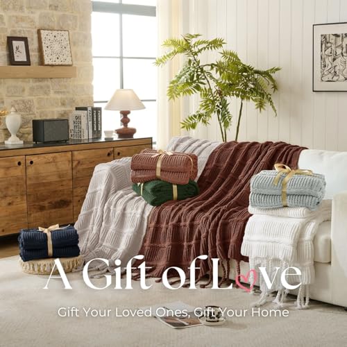 Boho Knitted Chenille Blanket with Tassels - Lightweight & Soft All-Season Throw - 3D Classic Pattern for Living Room Bedroom Couch, Clay Brown, Twin 60"x80" - color: Clay Brown, size: Twin