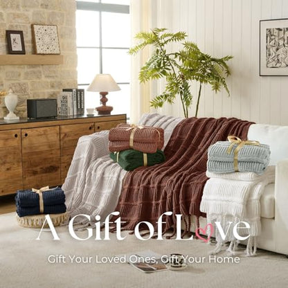 Boho Knitted Chenille Blanket with Tassels - Lightweight & Soft All-Season Throw - 3D Classic Pattern for Living Room Bedroom Couch, Clay Brown, Twin 60"x80" - color: Clay Brown, size: Twin