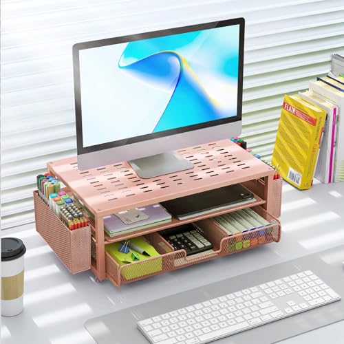 gianotter Desk Organizers and Accessories, Monitor Stand with Drawer and 2 Pen Holder, Desktop Organizer Suitable for Offices and Dormitories (Rose Gold) - color: Rose Gold-Ventilated