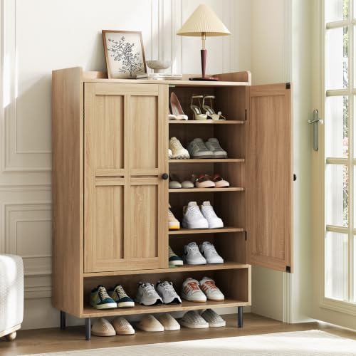 Shoe Cabinet with Cross Molding Doors, 6-Tier Storage, Oak | 45'' Tall Shoe Storage Organizer with 3 Adjustable Shelves & Metal Legs, Freestanding Wood Shoe Rack for Entryway, Front Door - color: Natural Oak